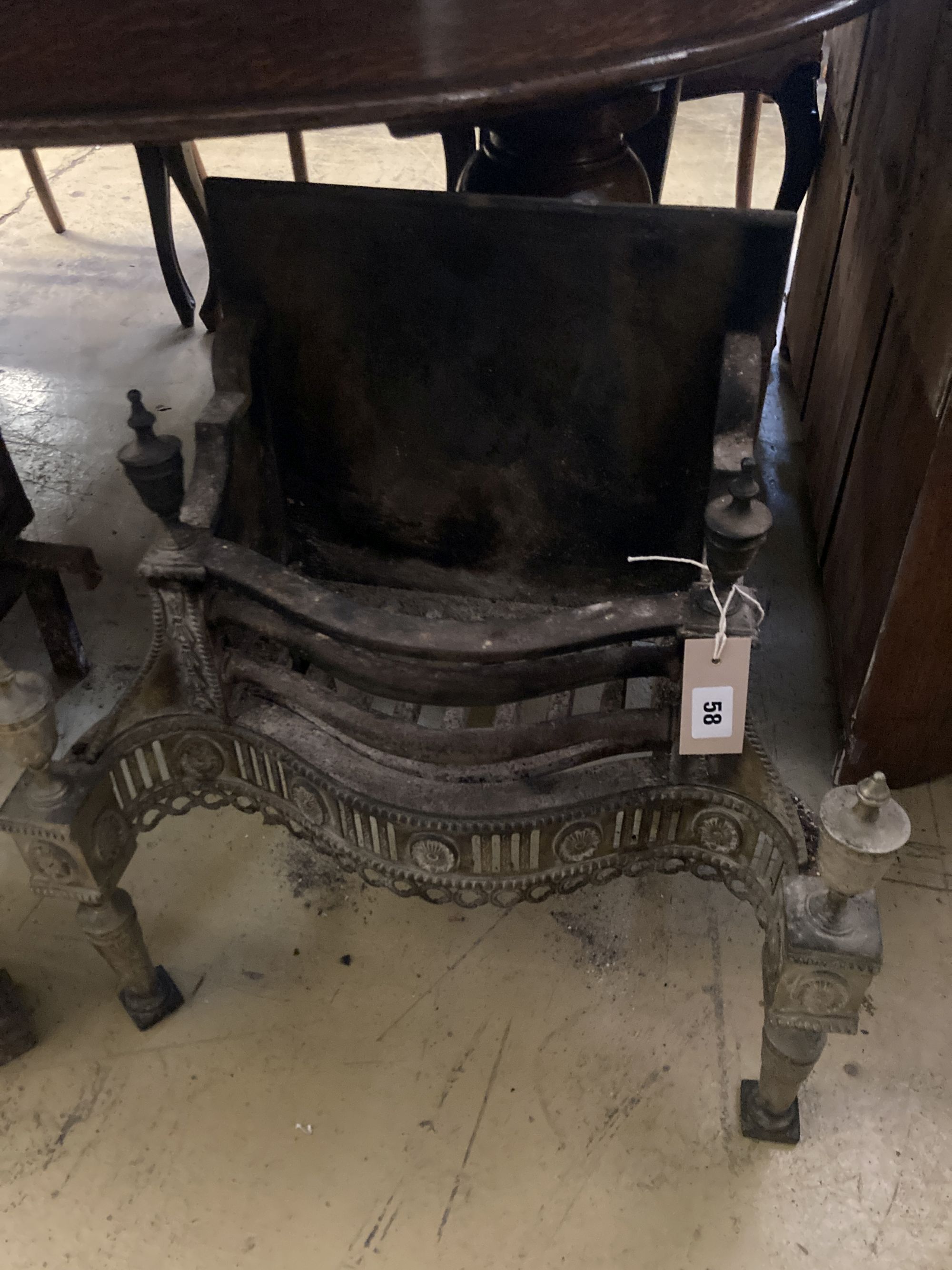 An Adam revival brass and cast iron fire grate, length 54cm, depth 30cm, height 54cm